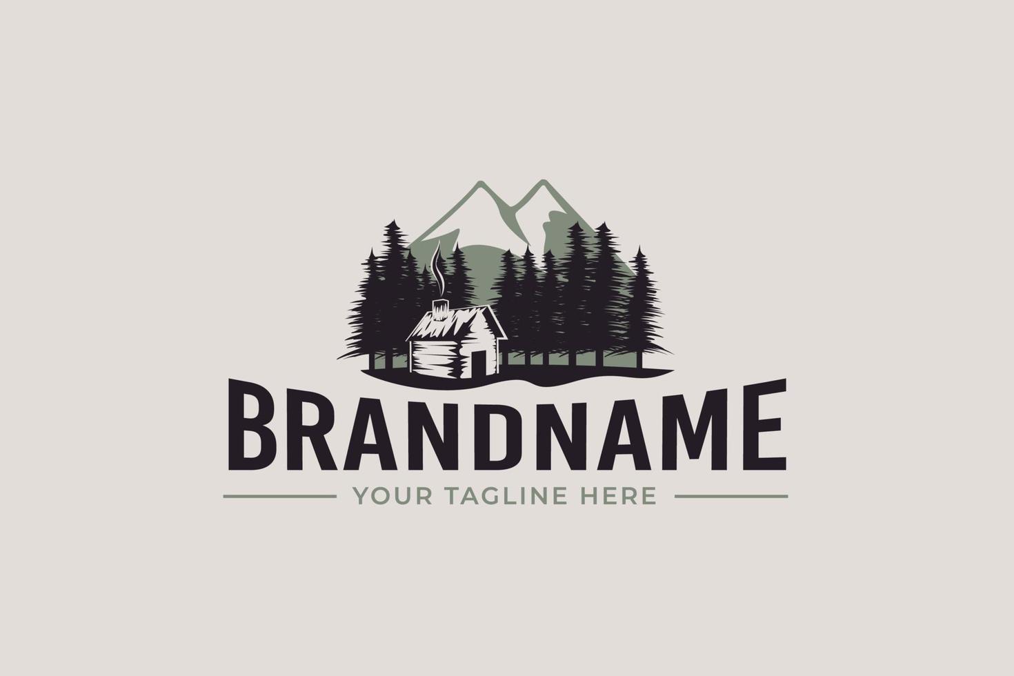 cabin logo vector graphic with pines and mountain for any business especially for outdoor activity, hunting, travel and holiday, etc.