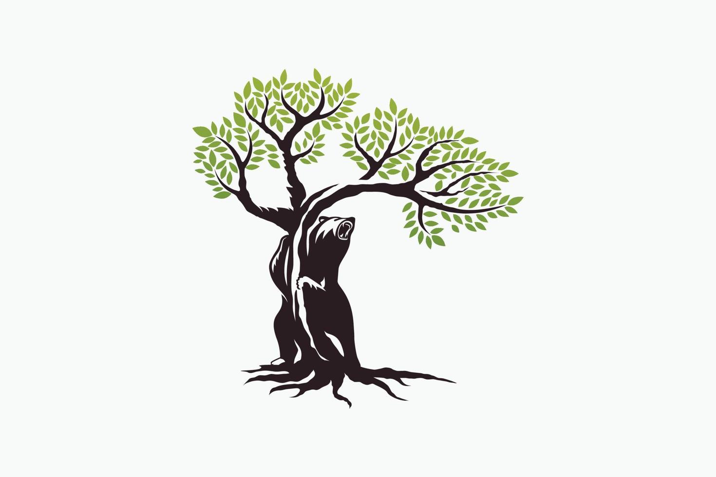 logotipo de oso y árbol con un oso de pie abrazando un árbol vector