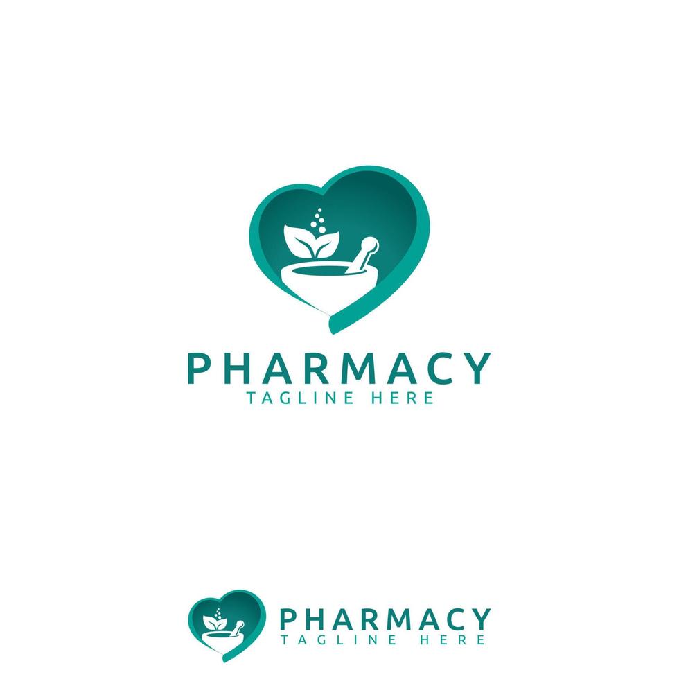 logo de farmacia con amor, hojas, mortero y maja imagen vectorial. lo mejor para cualquier negocio, especialmente para farmacia, medicina, atención médica y médica. vector