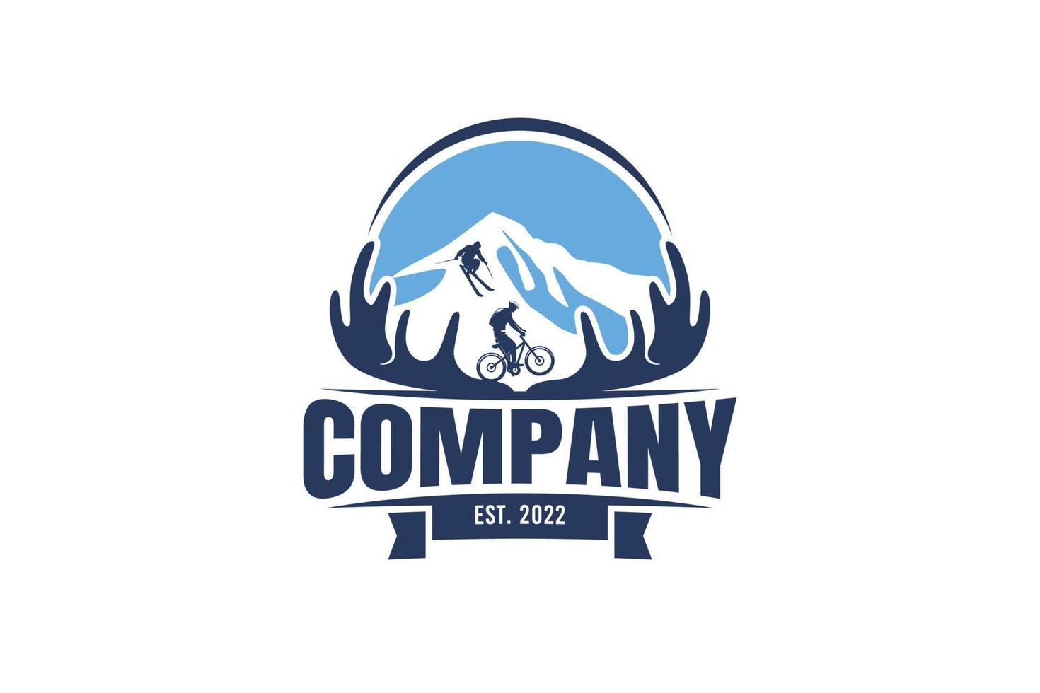 mountain adventure and sport logo with a combination of deer horn, mountain, mountain bike, skiing, and sky. vector