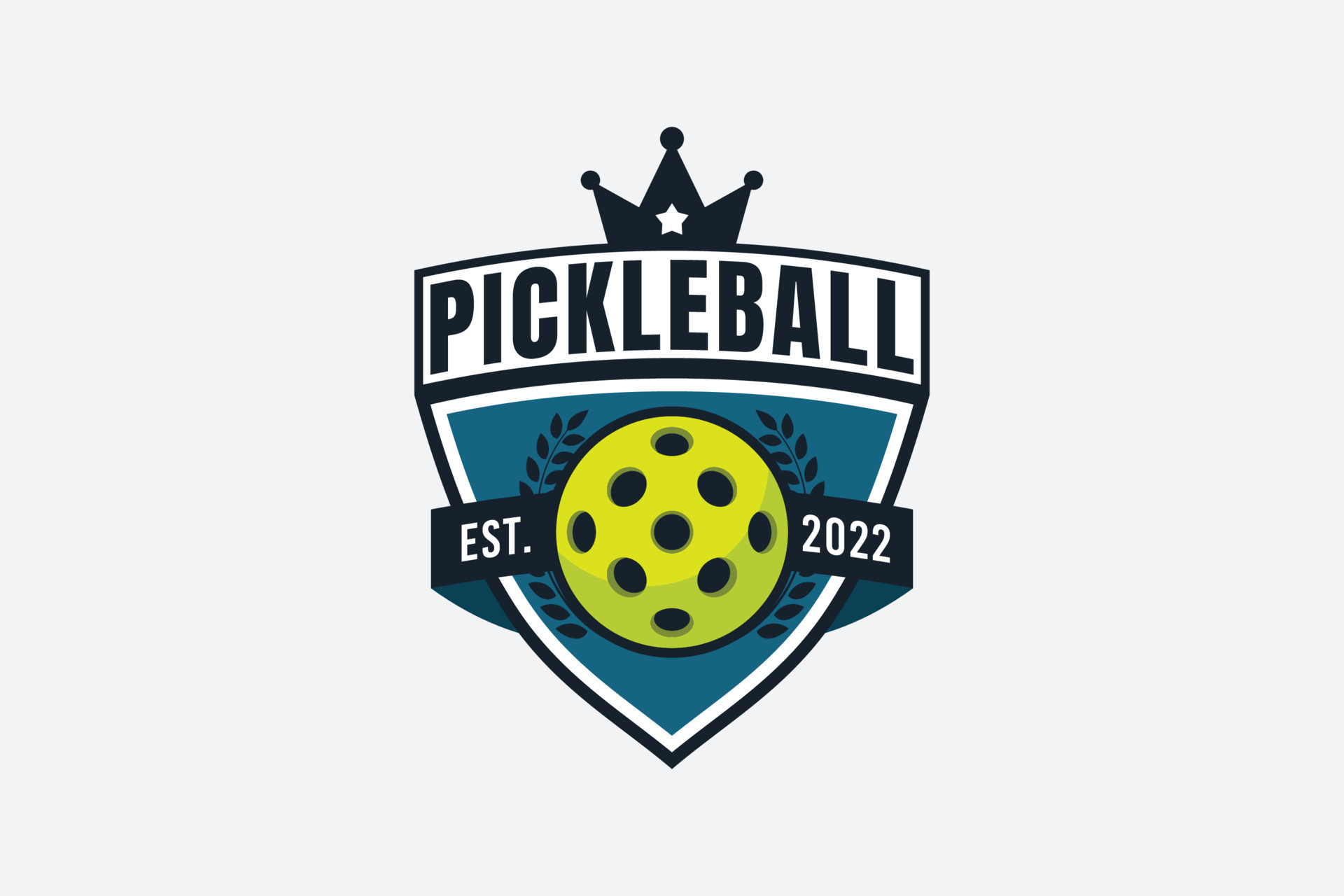 pickleball club logo with a combination of a ball, shield and crown