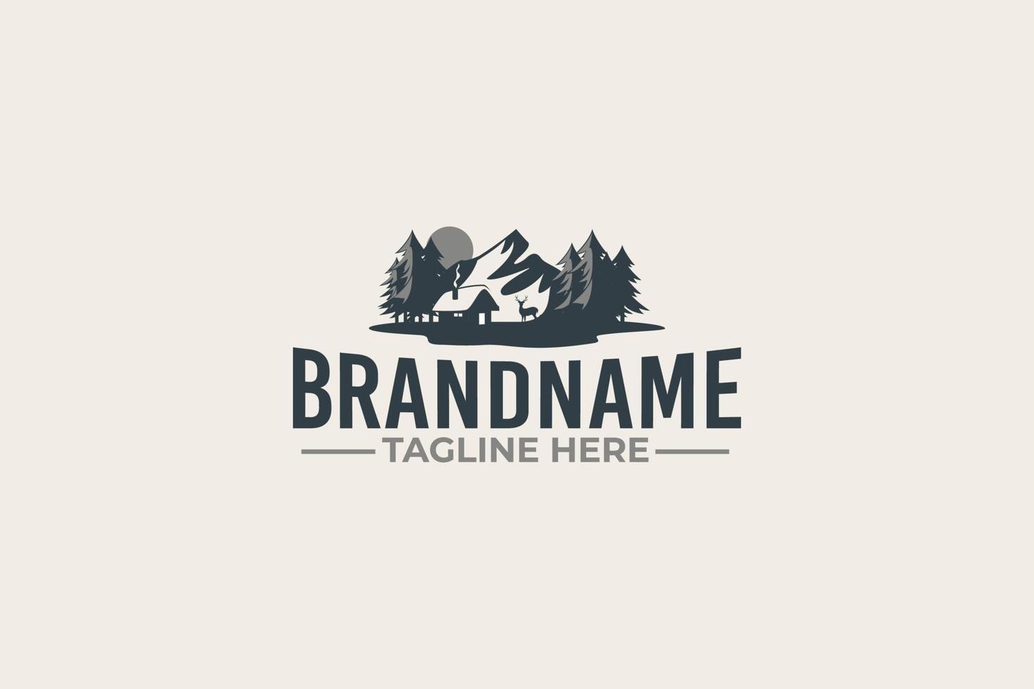 cabin logo with pines, deer and mountain for any business especially for outdoor activity, hunting, travel and holiday, etc. vector