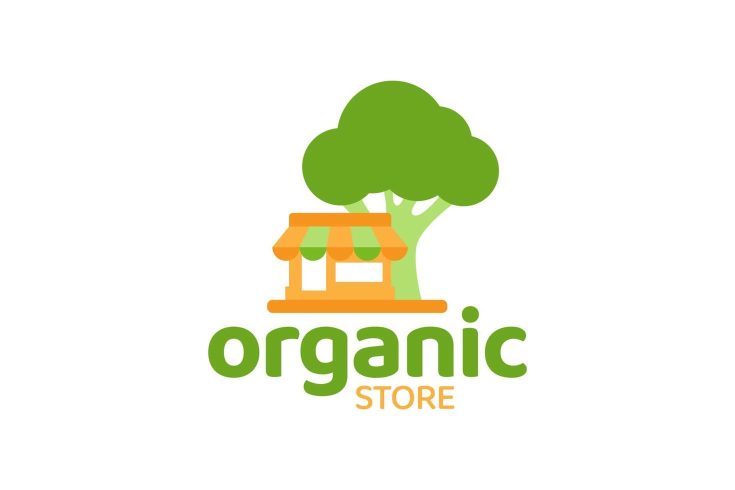 logotipo de la tienda orgánica con una tienda y brócoli para cualquier negocio, especialmente para minoristas, tiendas orgánicas, mayoristas, comestibles, tiendas orgánicas, cafeterías, etc. vector