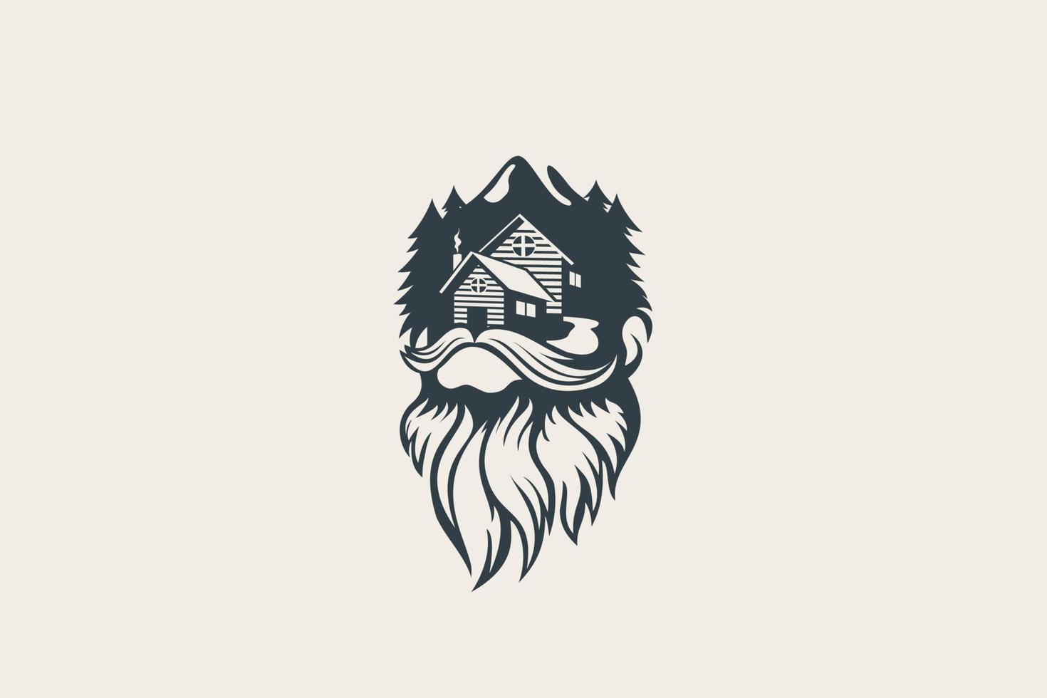logotipo de cabaña natural con una combinación de cabaña, barba, bosque y vistas a la montaña. vector