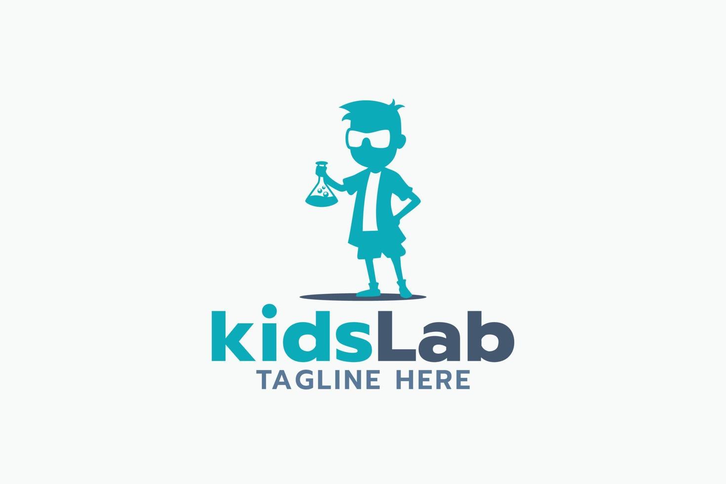 kids lab logo with a boy holding a tube containing a chemical solution. vector