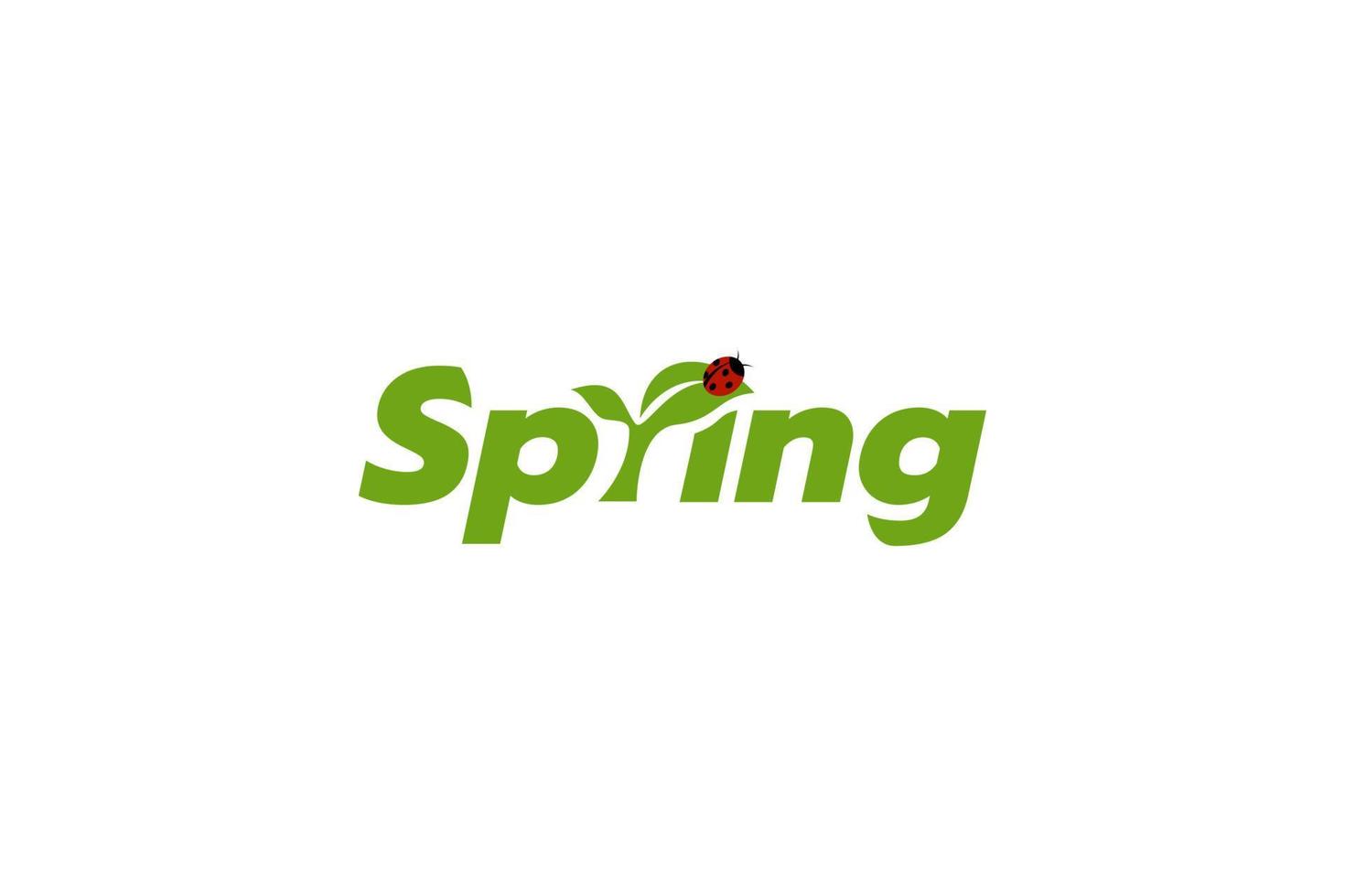 spring logo with a combination of spring lettering, ladybug and sprout, in refreshing green color. vector