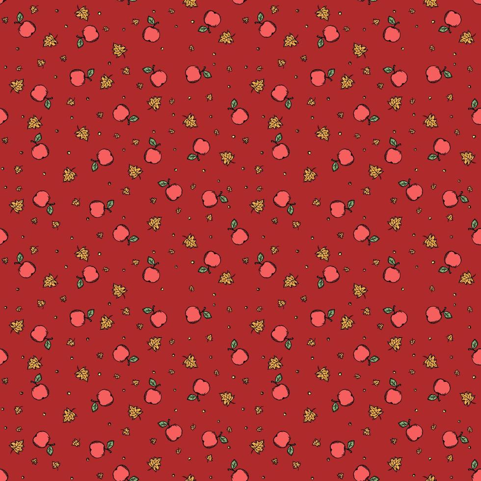patrón de otoño sin costuras con manzanas y hojas. manzanas rojas y fondo de hojas de arce. patrón de manzana vector