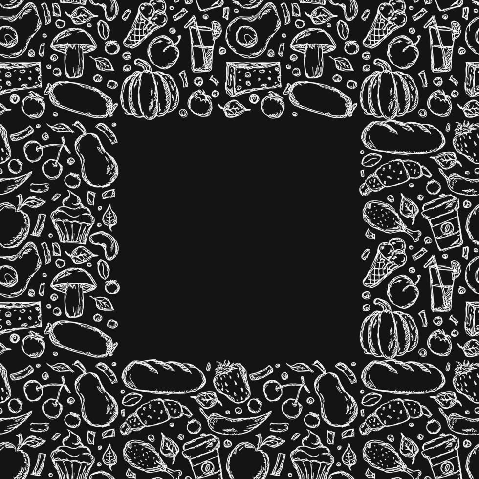 Set of icons on the theme of food. Food vector. Doodle vector with black and white food icons. Food frame. Free Vector