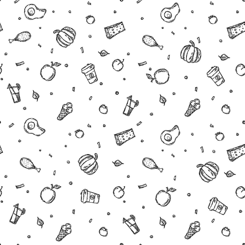 conjunto de iconos sobre el tema de la comida. vector de comida vector de fideos con iconos de comida en blanco y negro. patrón de comida vector libre