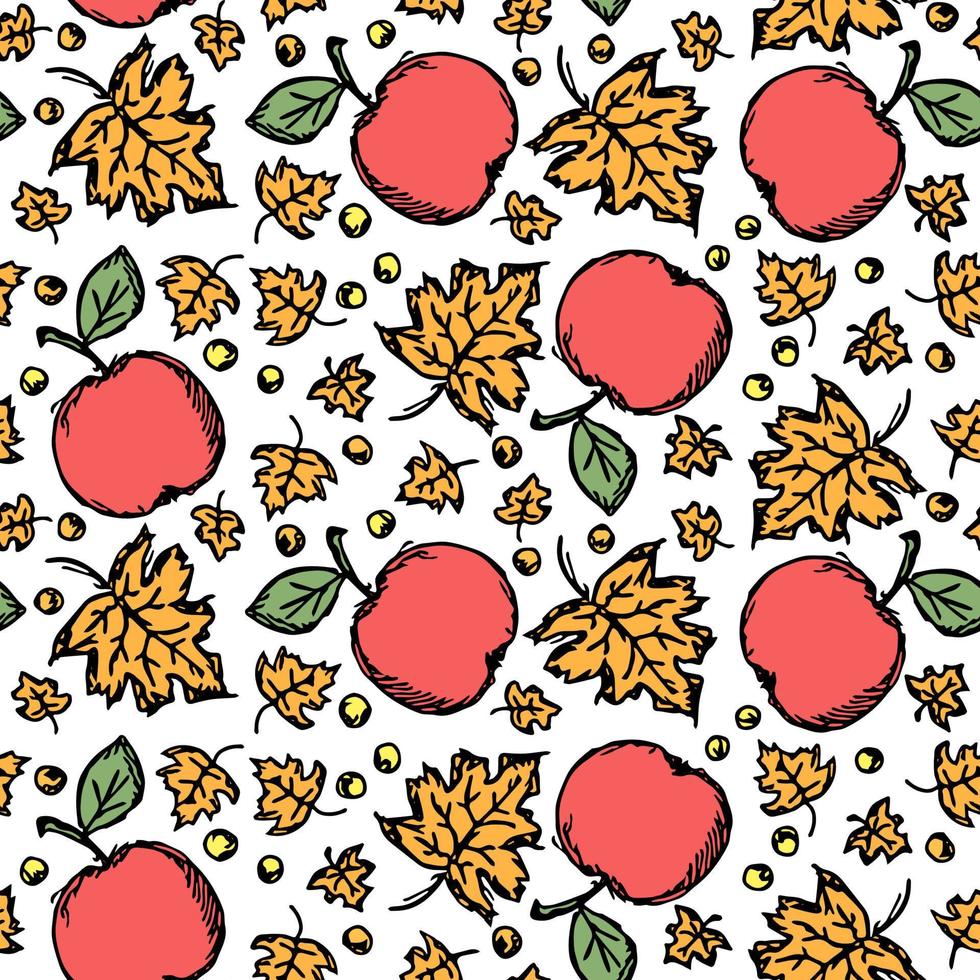 Seamless autumn pattern with apples and leaves. Red apples and maple leaves background. Apple pattern vector