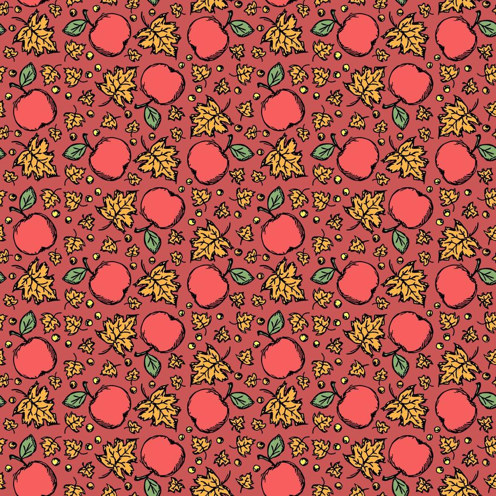 Seamless autumn pattern with apples and leaves. Red apples and maple leaves background. Apple pattern vector