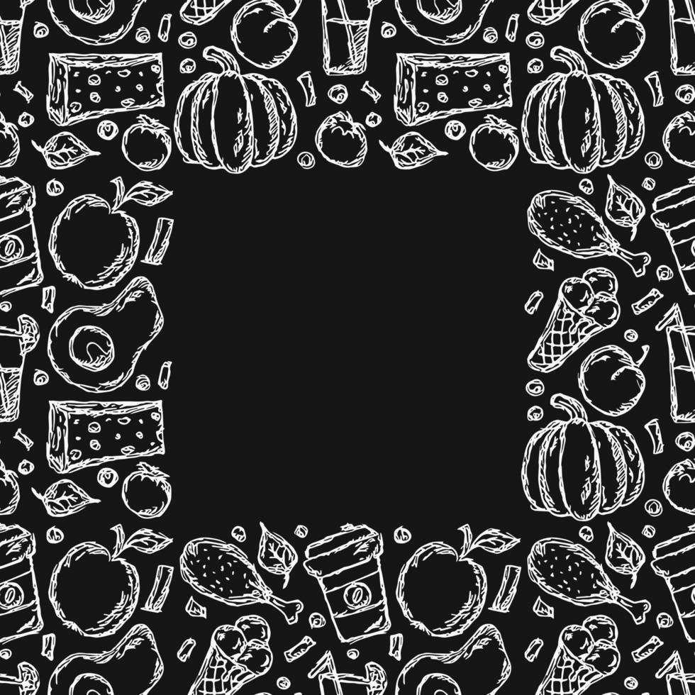 Set of icons on the theme of food. Food vector. Doodle vector with black and white food icons. Food frame. Free Vector