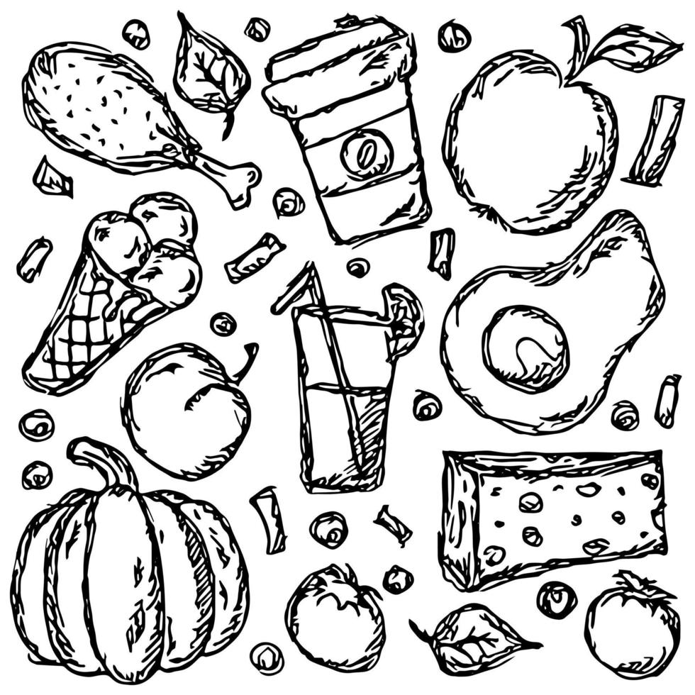 conjunto de iconos sobre el tema de la comida. vector de comida vector de fideos con iconos de comida en blanco y negro. vector libre