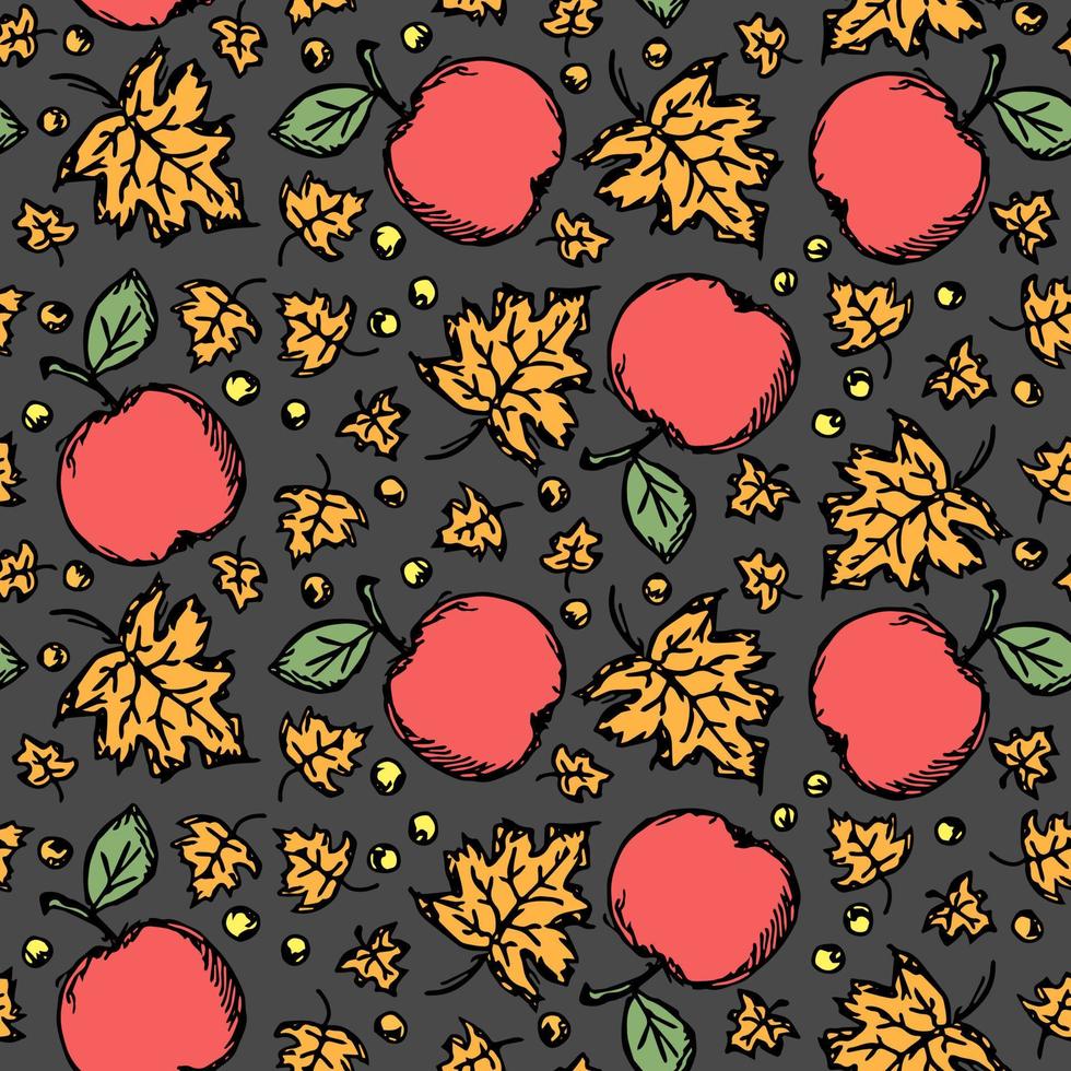 Seamless autumn pattern with apples and leaves. Red apples and maple leaves background. Apple pattern vector