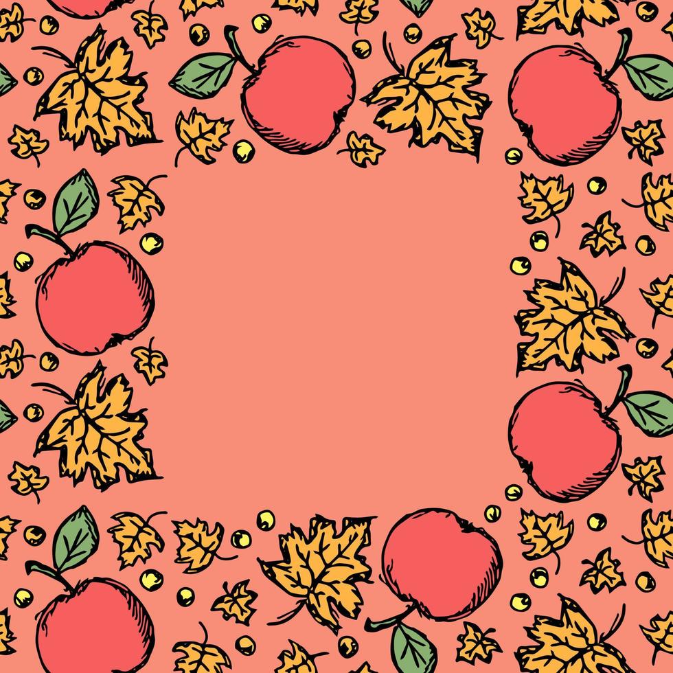 fondo de manzanas rojas y hojas de arce con lugar para el texto. patrón de otoño sin costuras con manzanas y hojas. patrón de manzana vector