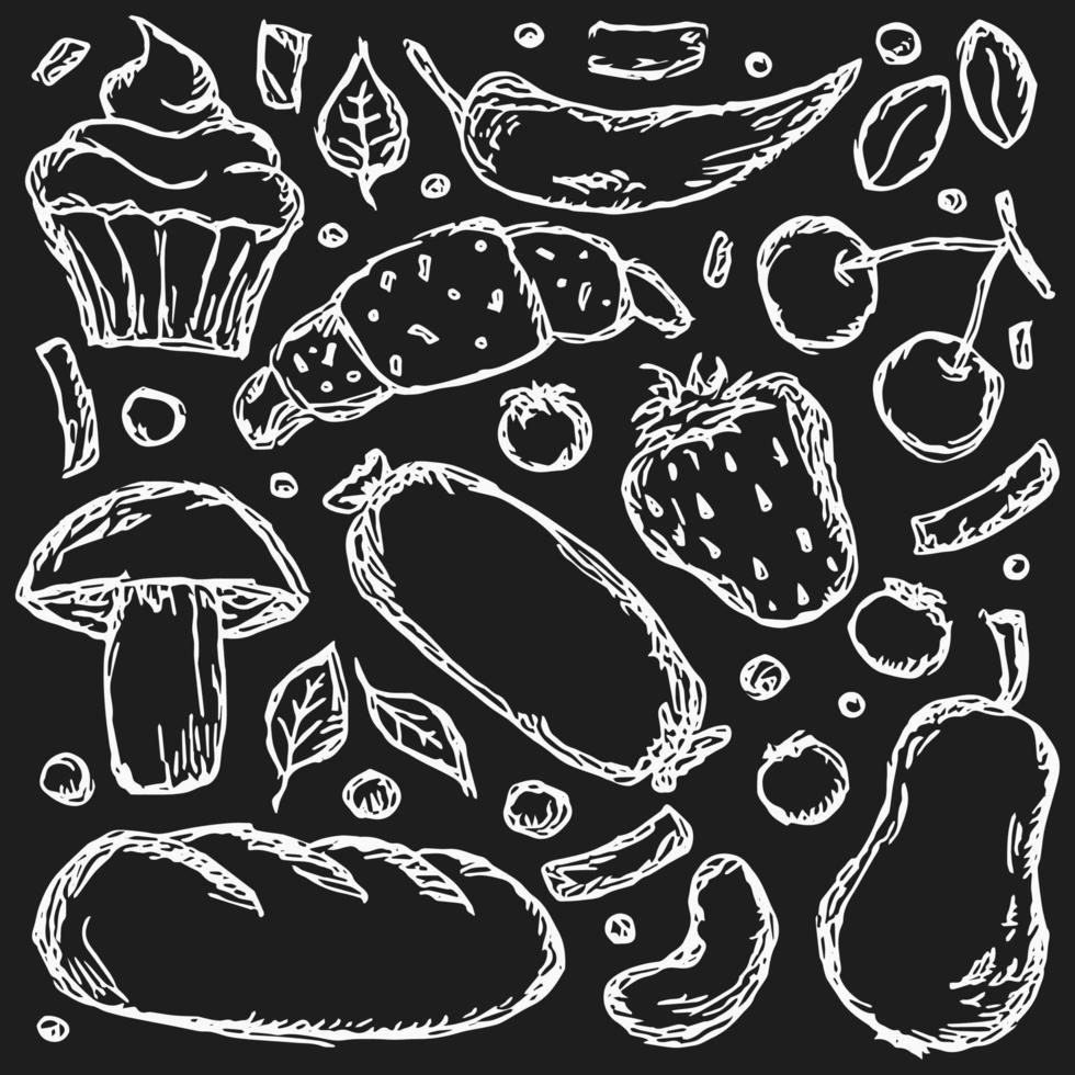 conjunto de iconos sobre el tema de la comida. vector de comida vector de fideos con iconos de comida en blanco y negro. vector libre