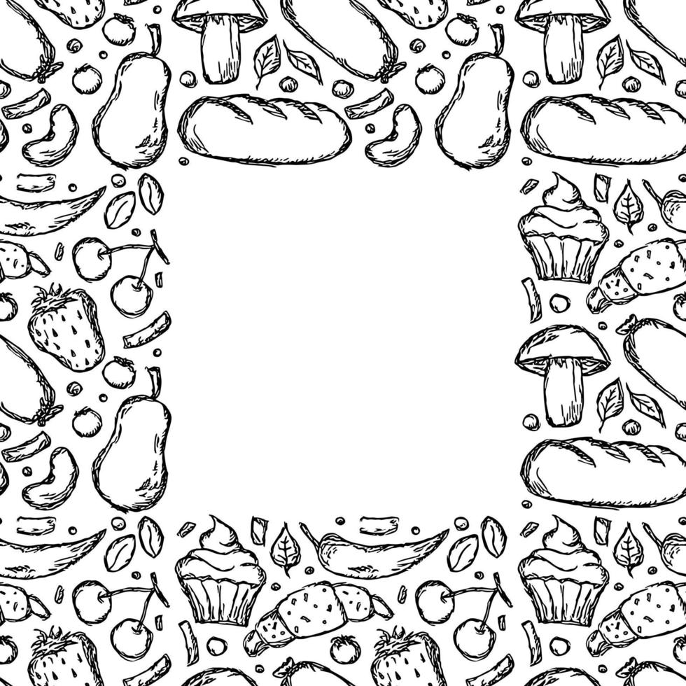 Set of icons on the theme of food. Food vector. Doodle vector with black and white food icons. Food frame. Free Vector