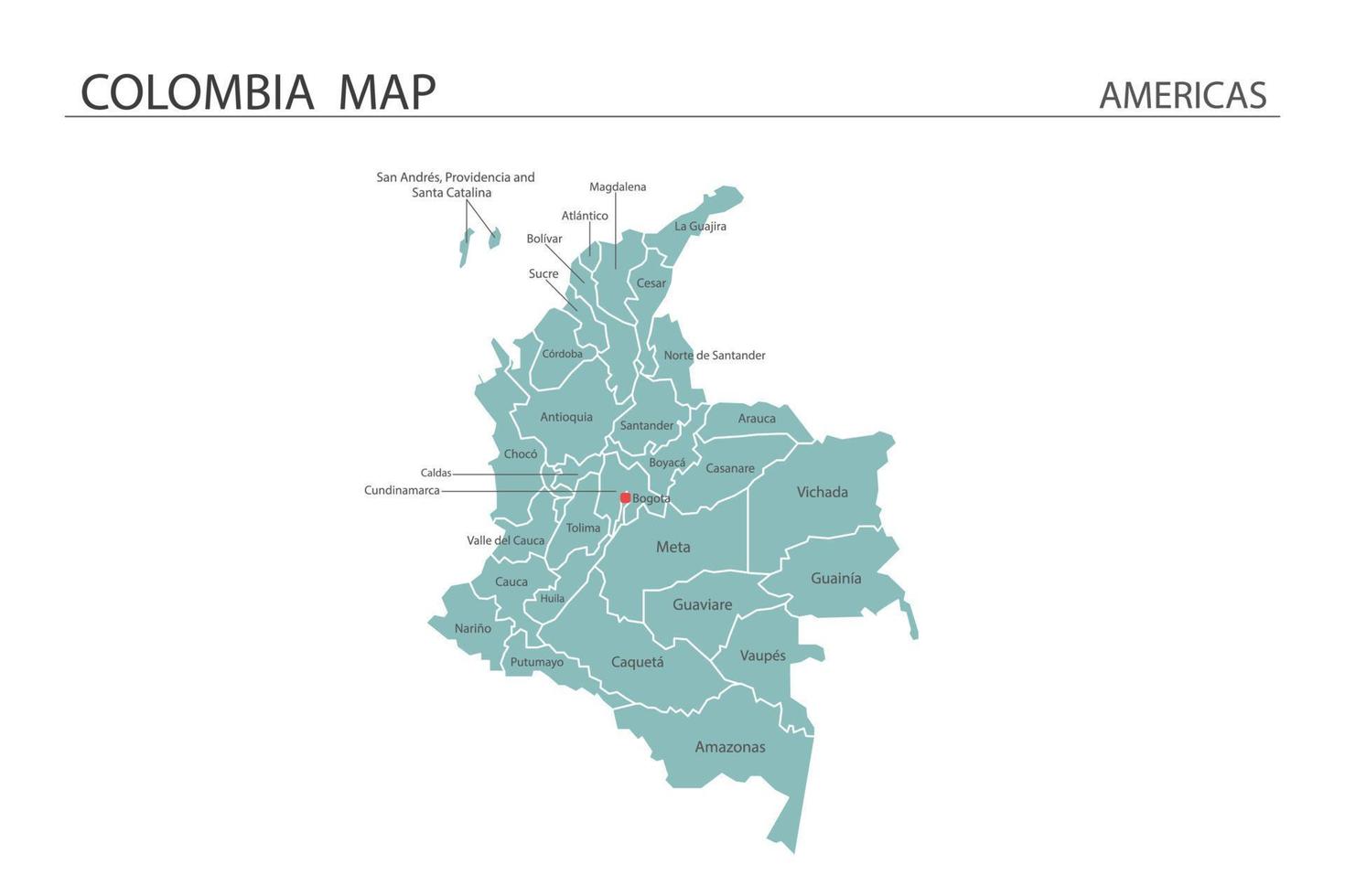 vector de mapa de colombia sobre fondo blanco. mapa tiene toda la provincia y marca la ciudad capital de colombia.