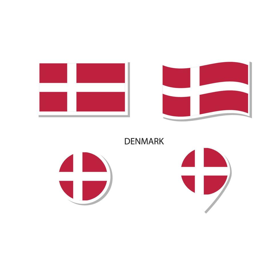 Denmark flag logo icon set, rectangle flat icons, circular shape, marker with flags. vector