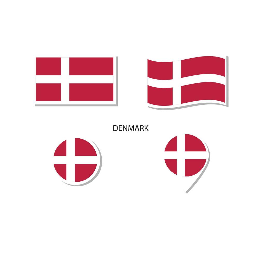 Denmark flag logo icon set, rectangle flat icons, circular shape, marker with flags. vector