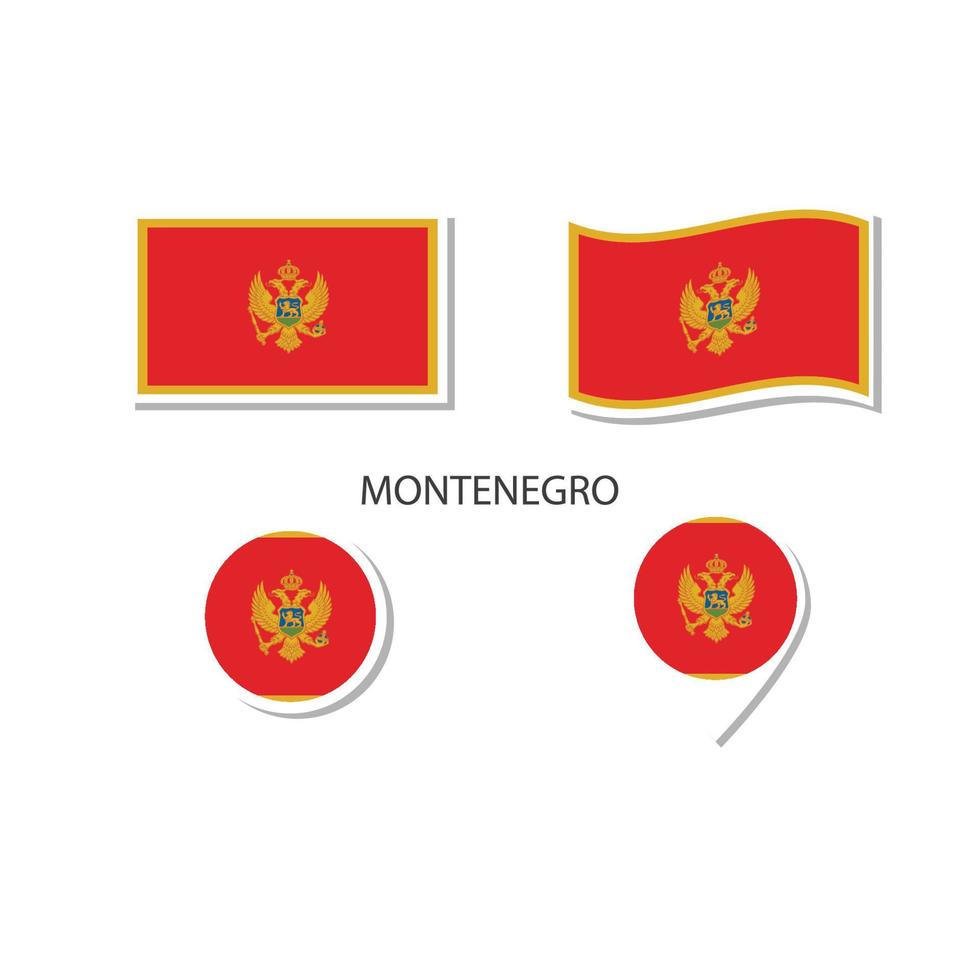 conjunto de iconos del logotipo de la bandera de montenegro, iconos planos rectangulares, forma circular, marcador con banderas. vector