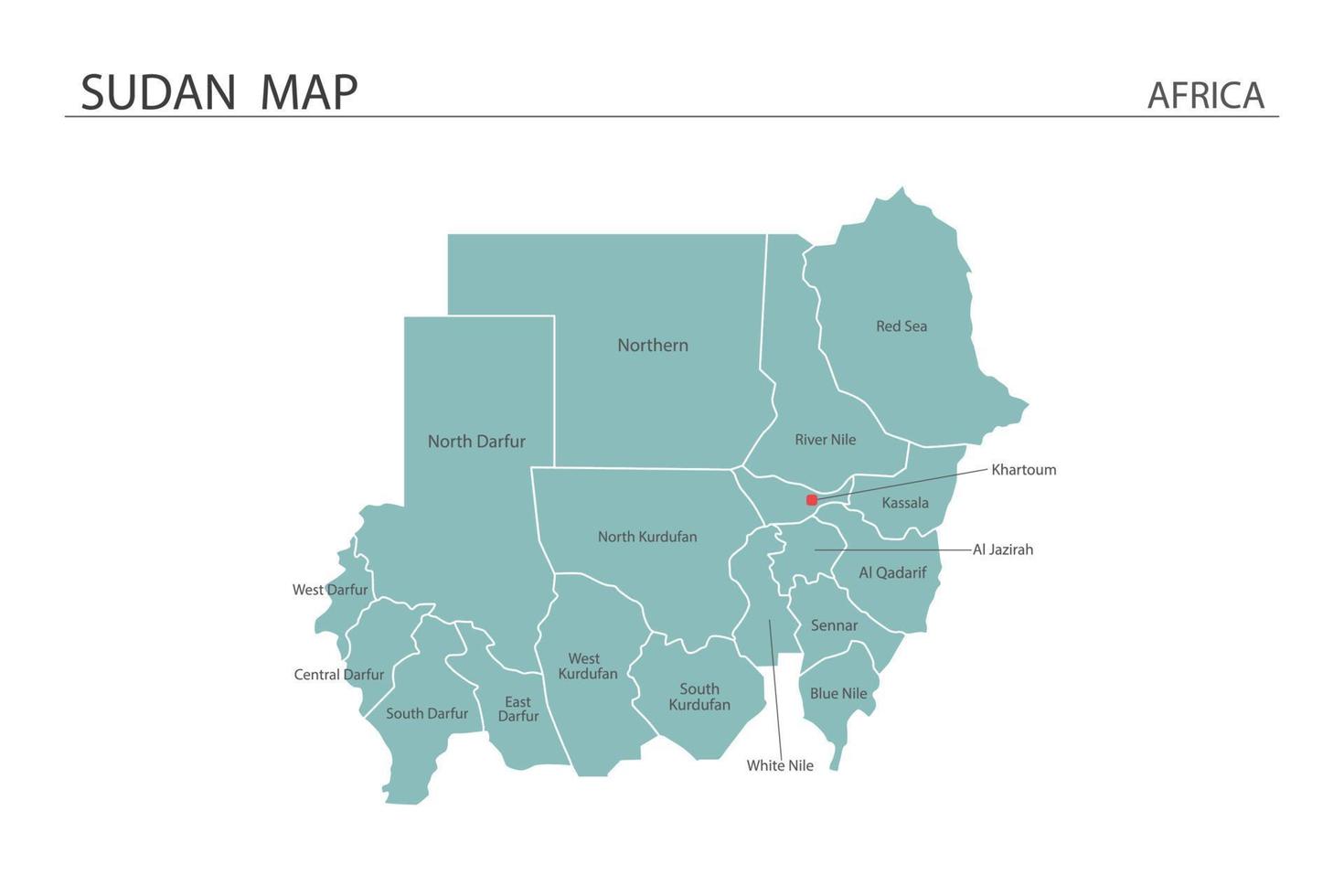 Ilustración de vector de mapa de Sudán sobre fondo blanco. el mapa tiene toda la provincia y marca la ciudad capital de sudán.