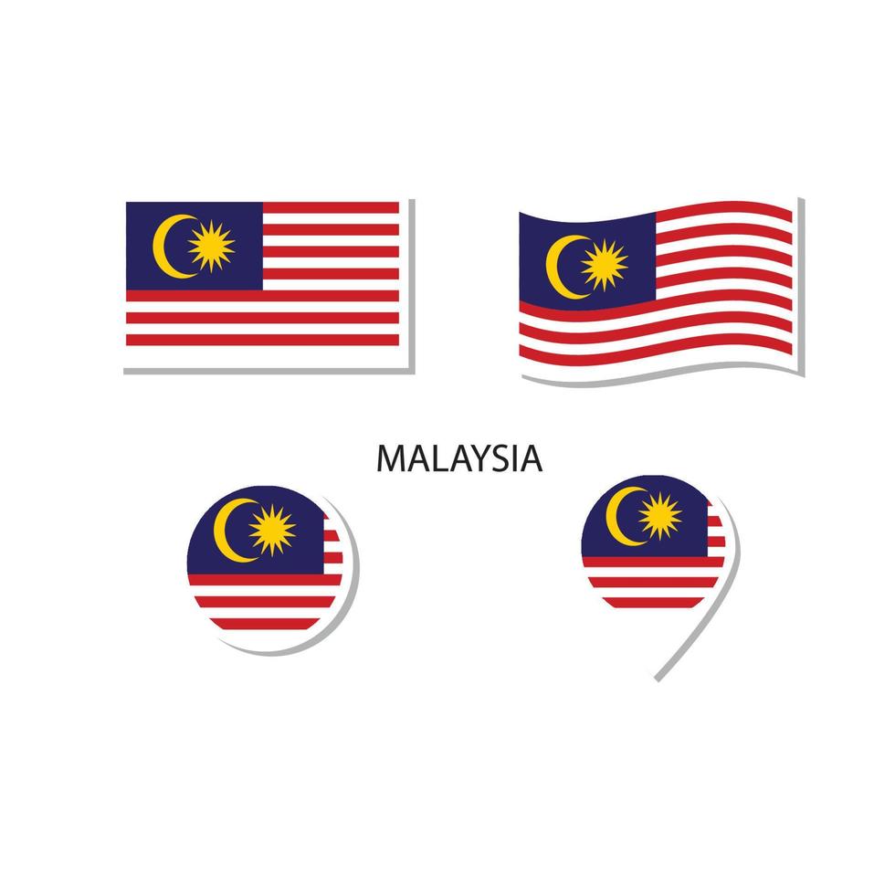 Malaysia flag logo icon set, rectangle flat icons, circular shape, marker with flags. vector