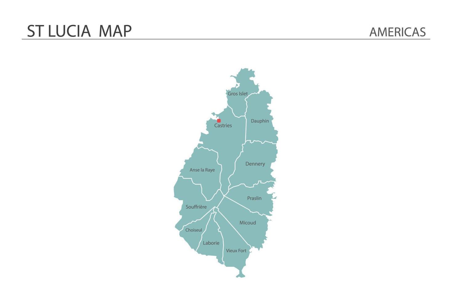 vector de mapa de Santa Lucía sobre fondo blanco. el mapa tiene toda la provincia y marca la ciudad capital de santa lucía.