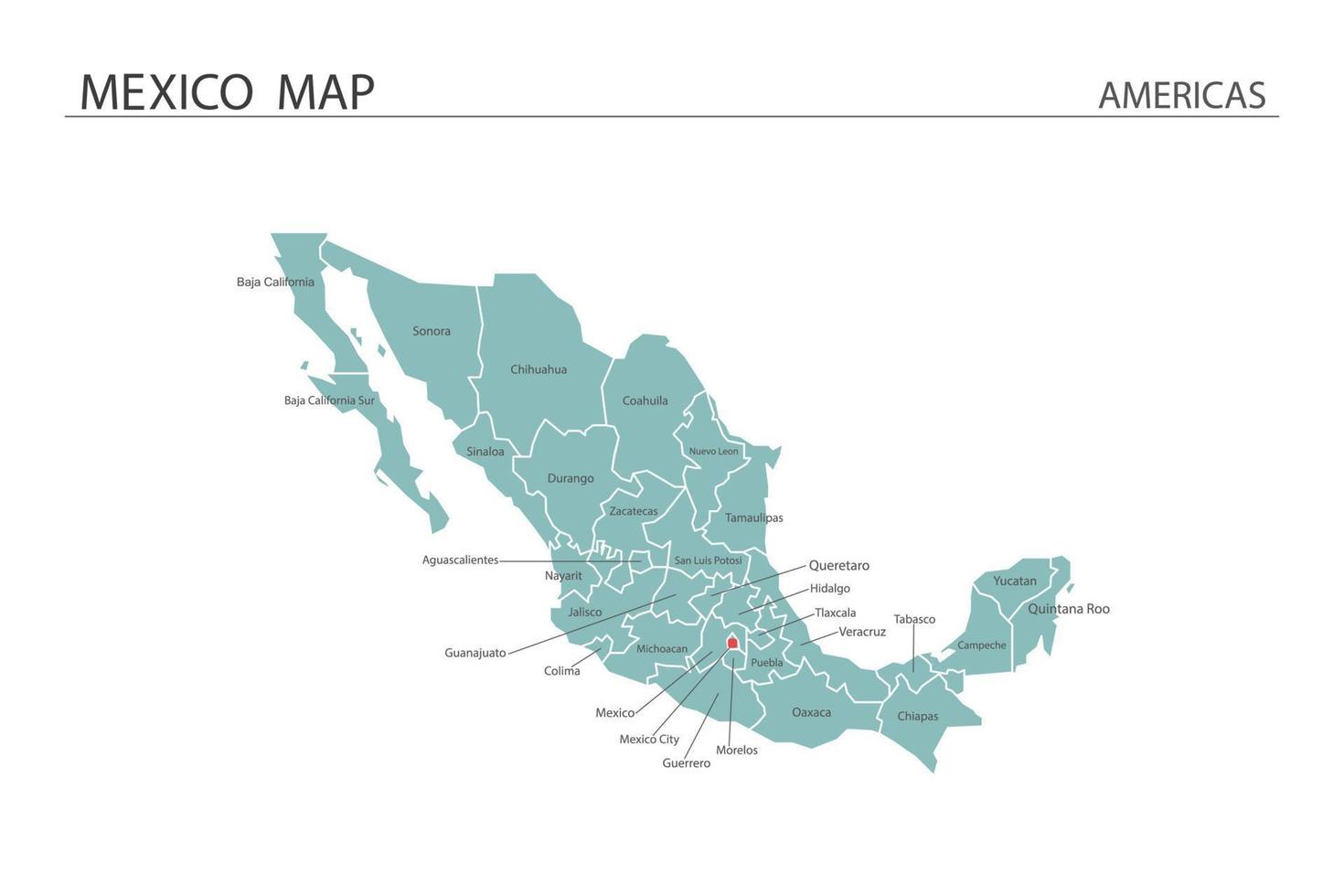 vector de mapa de México sobre fondo blanco. mapa tiene toda la provincia y marca la ciudad capital de mexico.