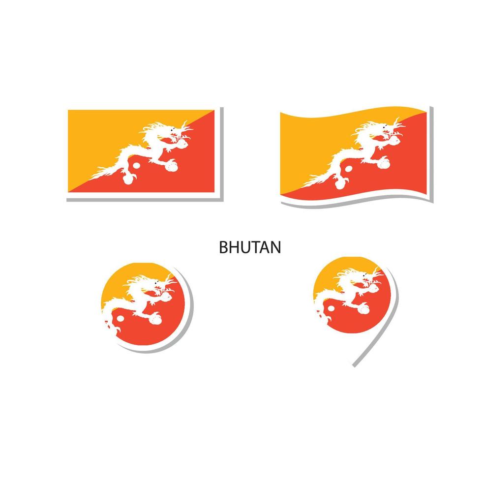 Conjunto de iconos del logotipo de la bandera de Bután, iconos planos rectangulares, forma circular, marcador con banderas. vector