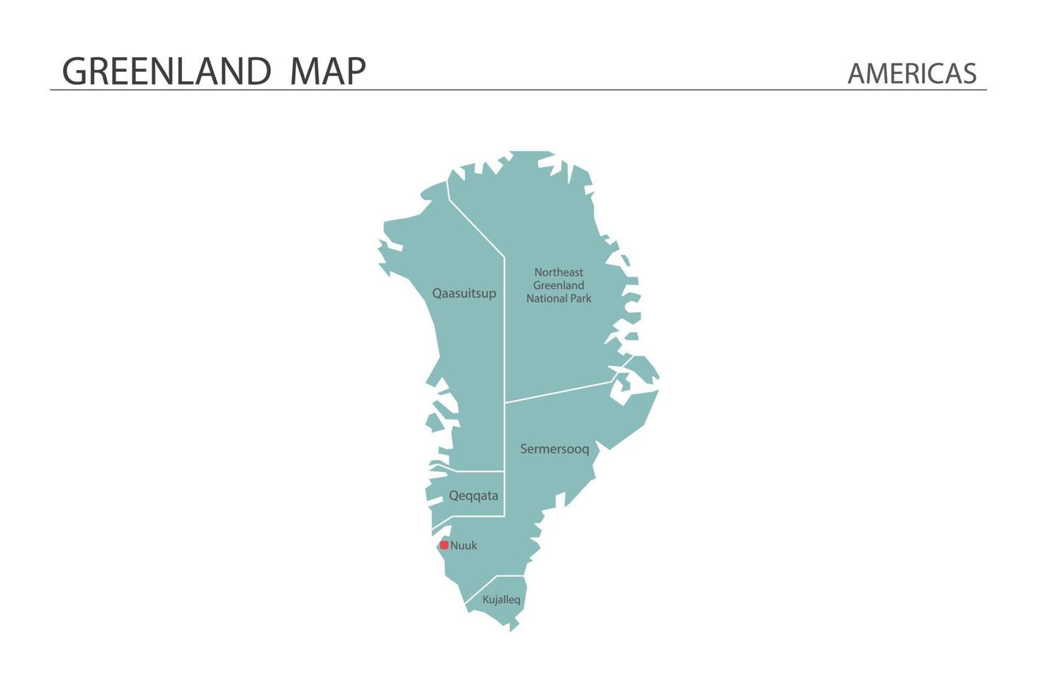 Ilustración de vector de mapa de Groenlandia sobre fondo blanco. el mapa tiene toda la provincia y marca la ciudad capital de groenlandia.