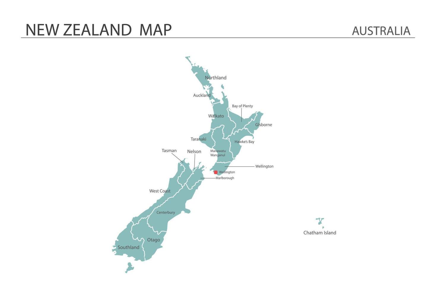 vector de mapa de nueva zelanda sobre fondo blanco. el mapa tiene toda la provincia y marca la ciudad capital de nueva zelanda.