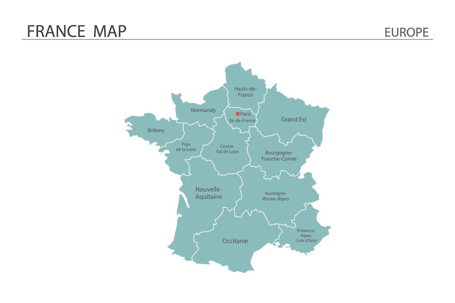 vector de mapa de Francia sobre fondo blanco. el mapa tiene toda la provincia y marca la ciudad capital de francia.