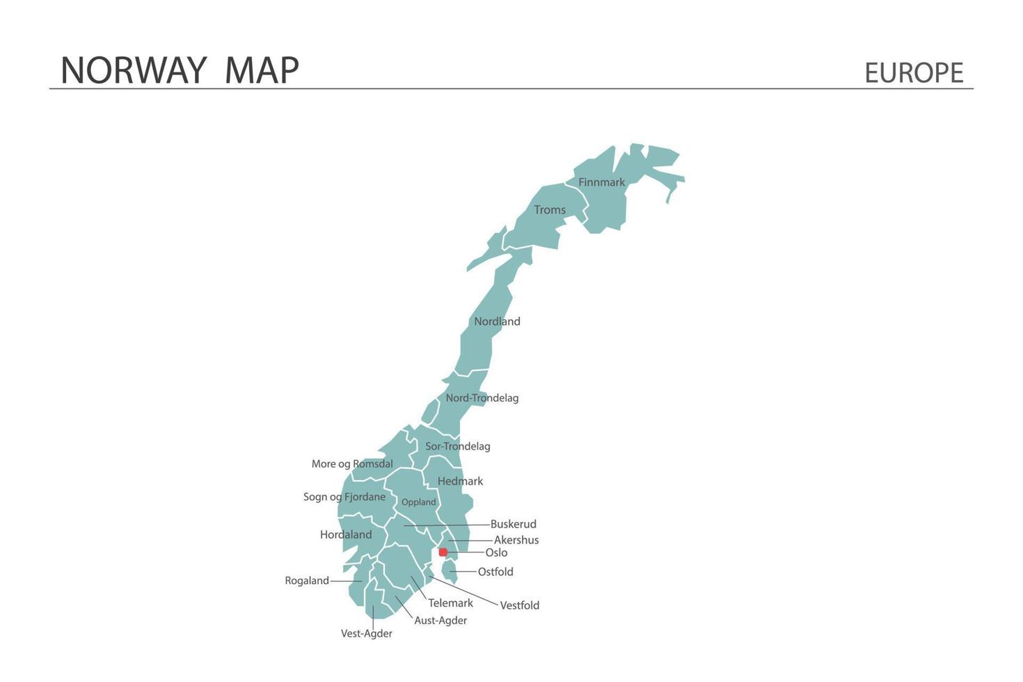 Noruega mapa vector sobre fondo blanco. el mapa tiene toda la provincia y marca la ciudad capital de noruega.