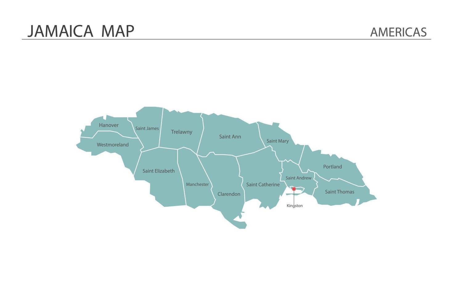 jamaica mapa vector sobre fondo blanco. el mapa tiene toda la provincia y marca la ciudad capital de jamaica.