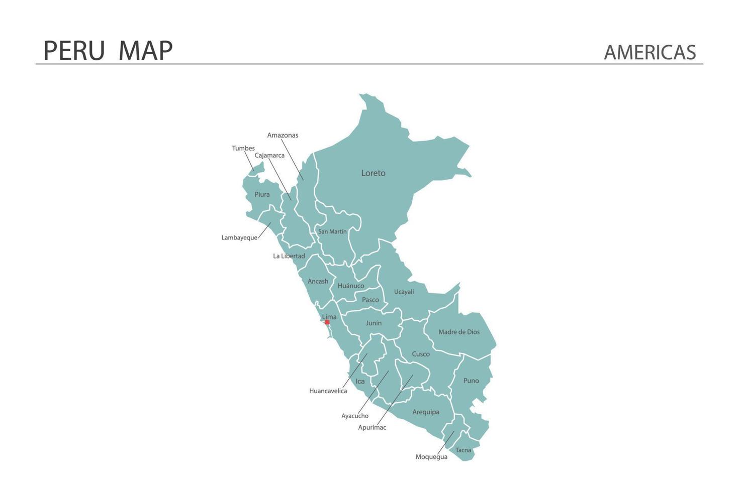 Perú mapa ilustración vectorial sobre fondo blanco. el mapa tiene toda la provincia y marca la ciudad capital del peru. vector