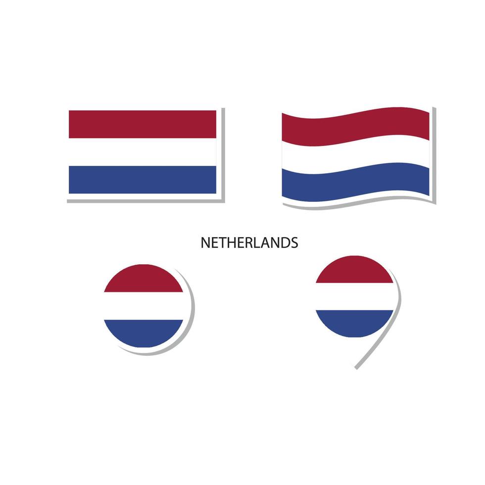 conjunto de iconos del logotipo de la bandera de los Países Bajos, iconos planos rectangulares, forma circular, marcador con banderas. vector