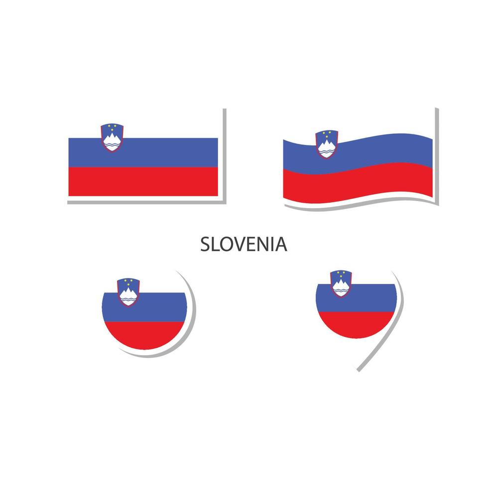 conjunto de iconos del logotipo de la bandera de eslovenia, iconos planos rectangulares, forma circular, marcador con banderas. vector