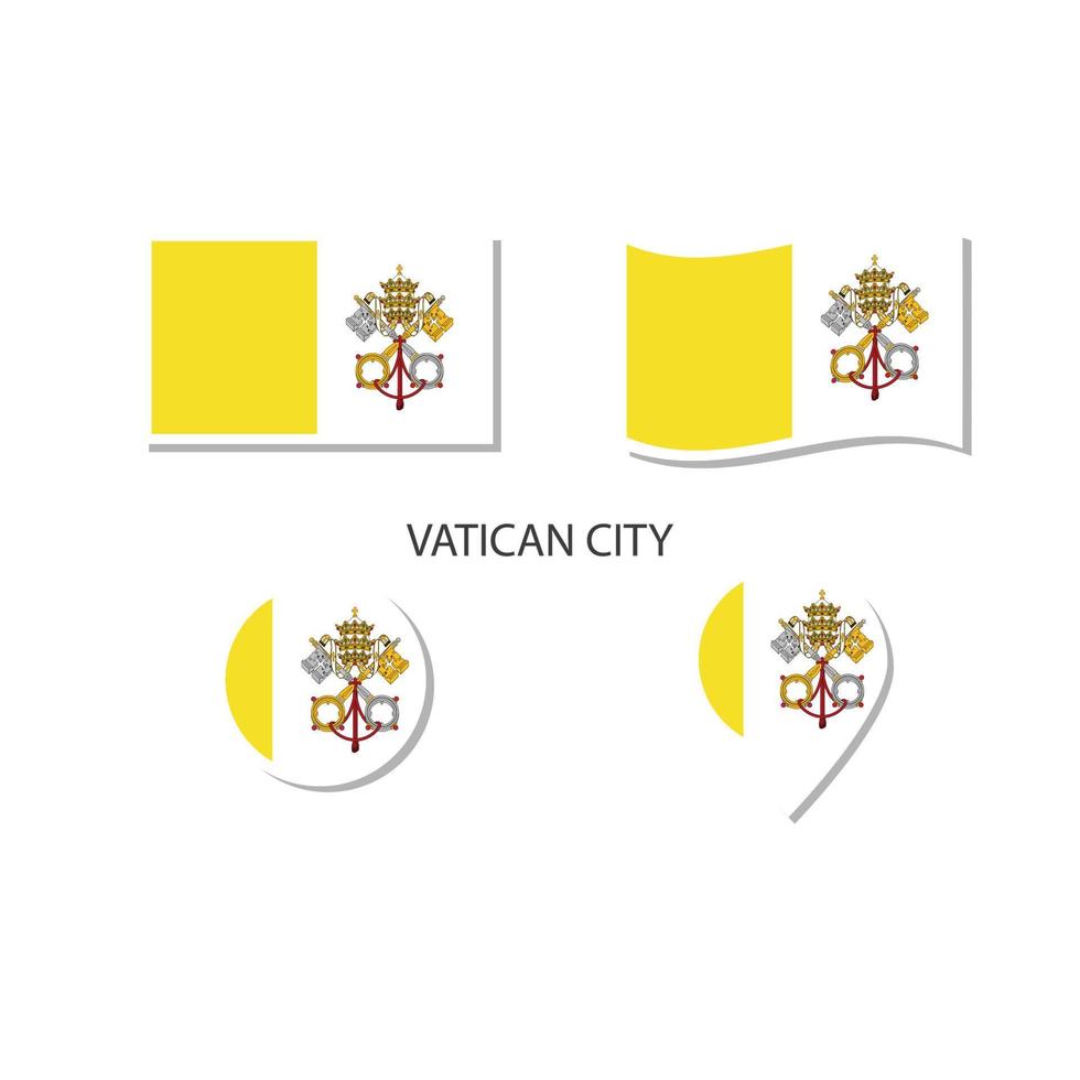 conjunto de iconos del logotipo de la bandera de la ciudad del vaticano, iconos planos rectangulares, forma circular, marcador con banderas. vector