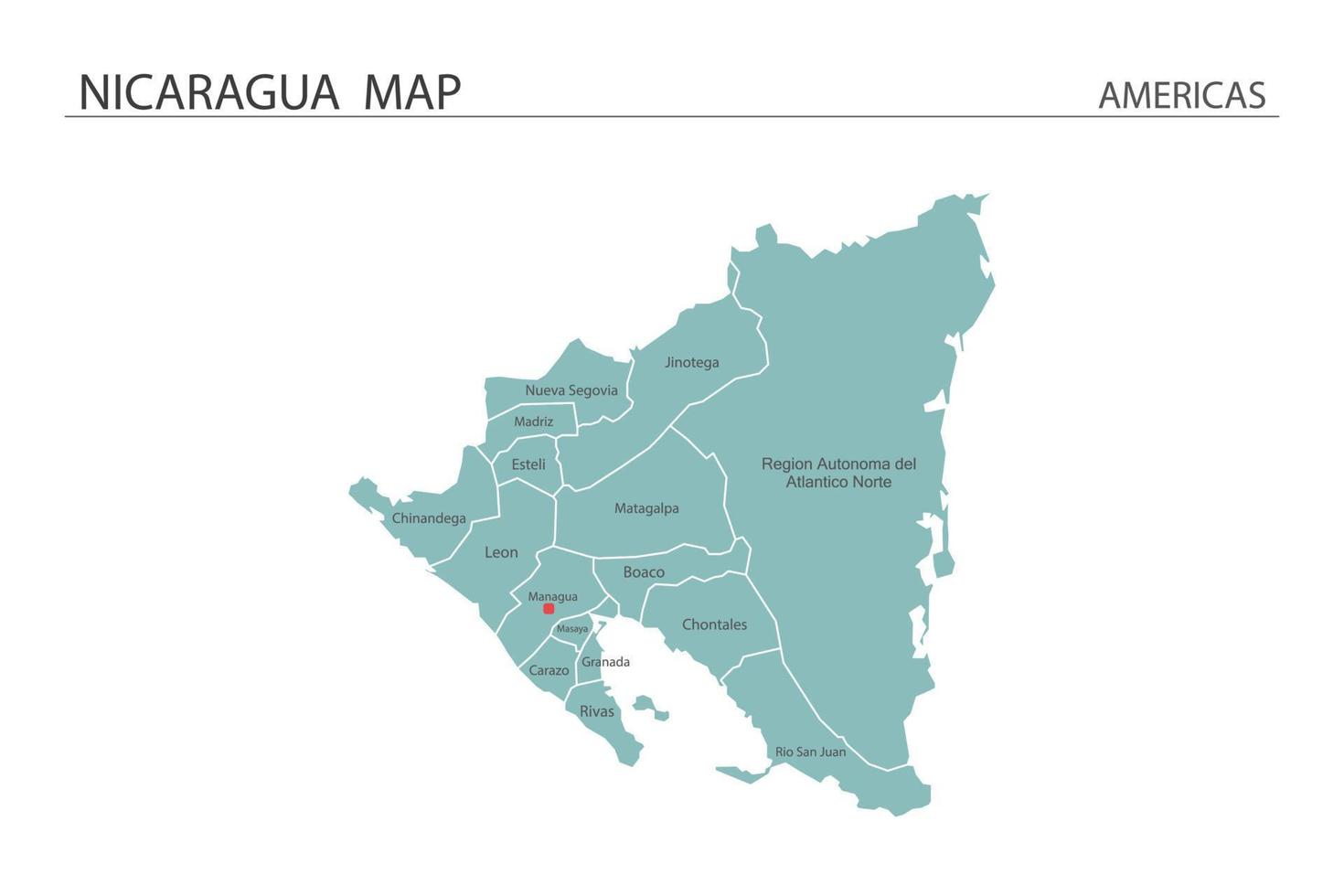 Nicaragua map vector on white background. Map have all province and mark the capital city of Nicaragua.