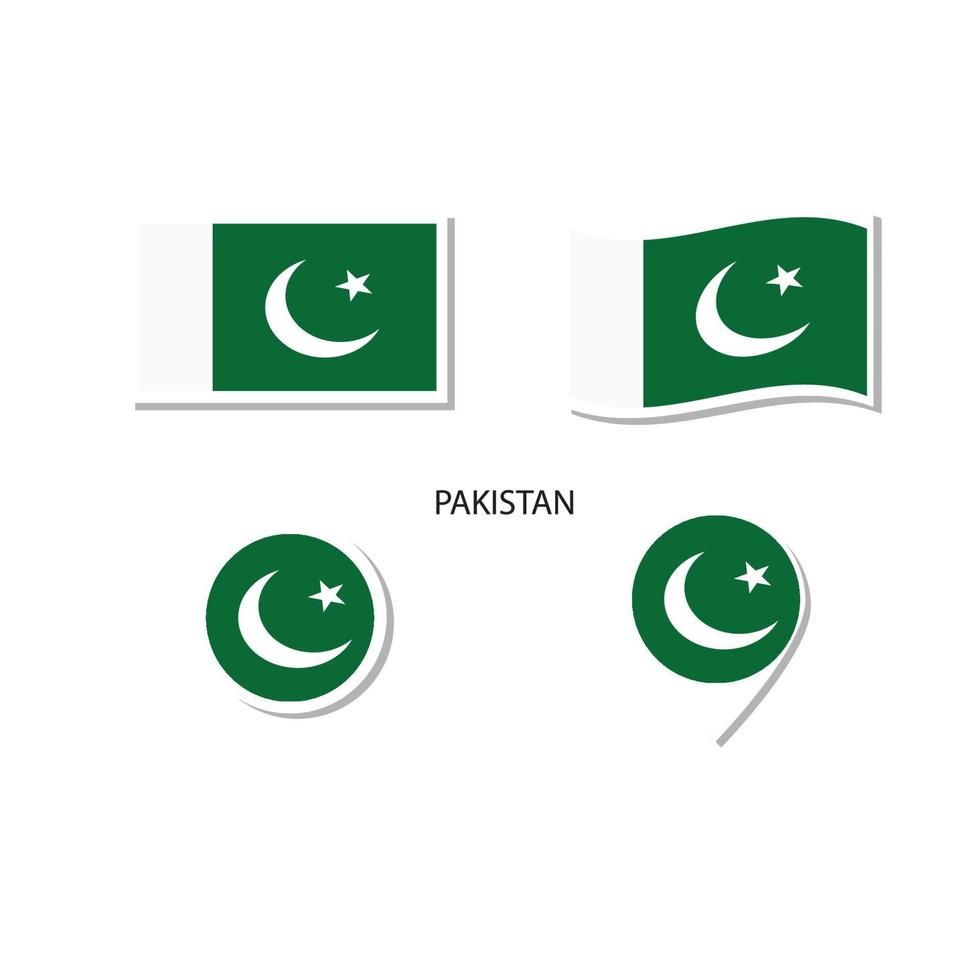 Pakistan flag logo icon set, rectangle flat icons, circular shape, marker with flags. vector