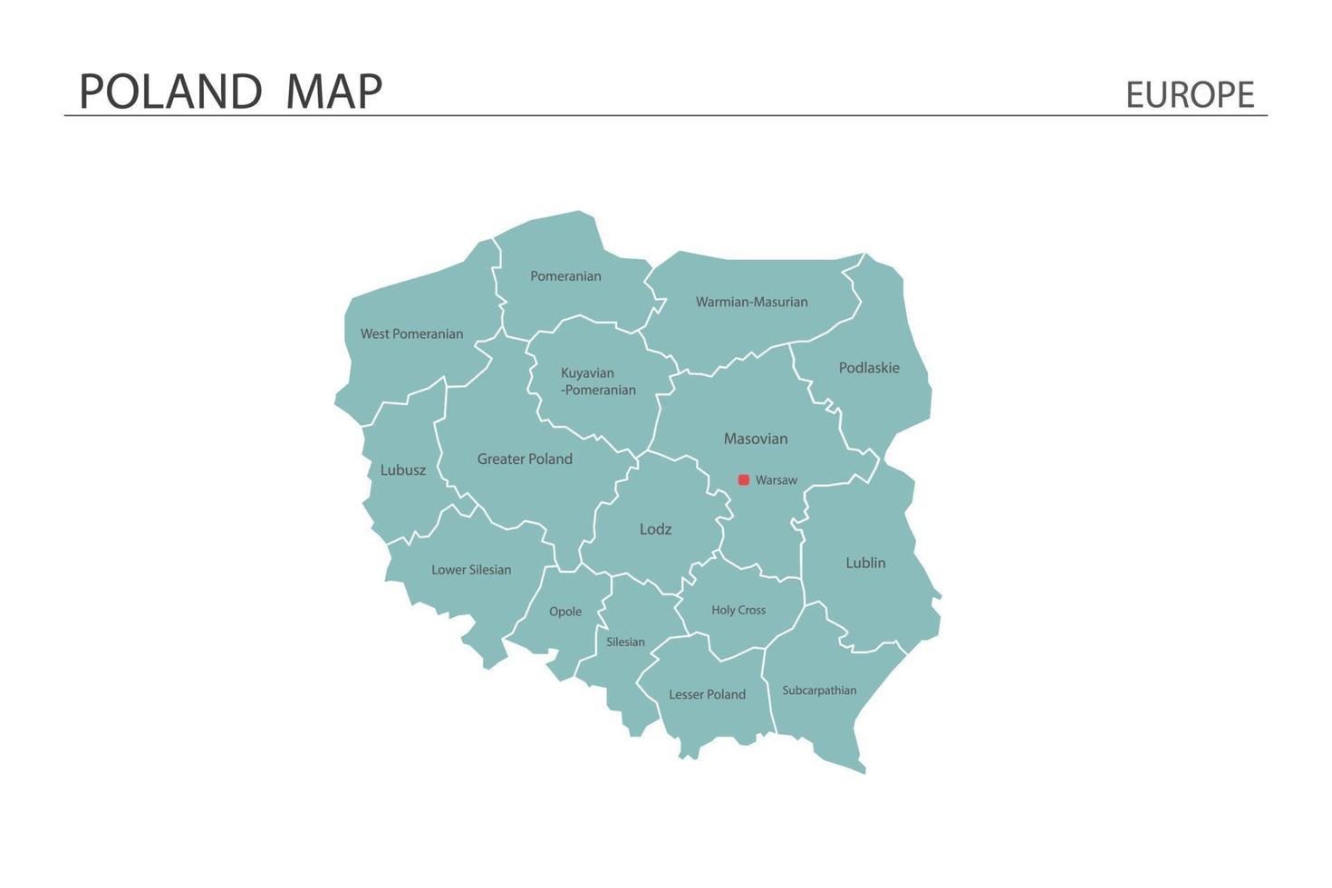 vector de mapa de polonia sobre fondo blanco. el mapa tiene toda la provincia y marca la ciudad capital de polonia.