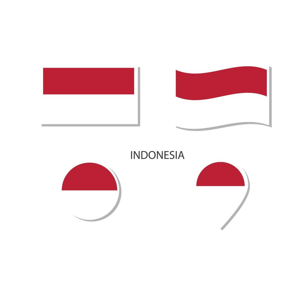 conjunto de iconos del logotipo de la bandera de indonesia, iconos planos rectangulares, forma circular, marcador con banderas. vector