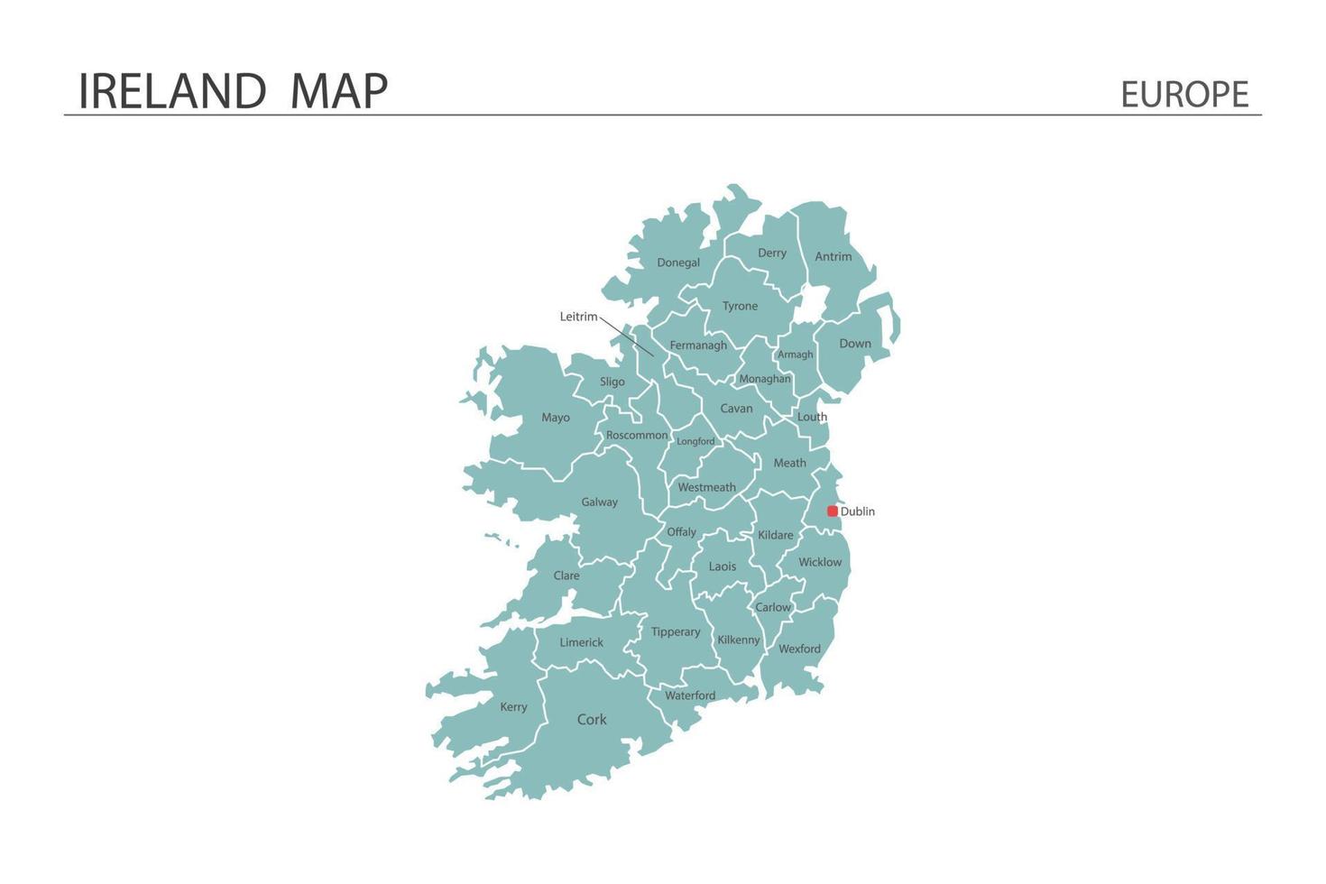 vector de mapa de irlanda sobre fondo blanco. el mapa tiene toda la provincia y marca la ciudad capital de irlanda.