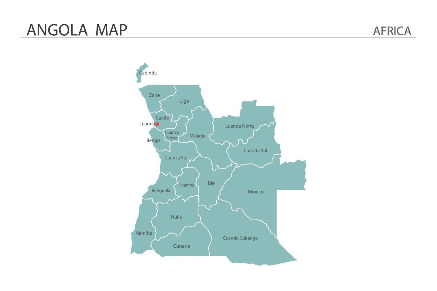 Ilustración de vector de mapa de angola sobre fondo blanco. el mapa tiene toda la provincia y marca la ciudad capital de angola.