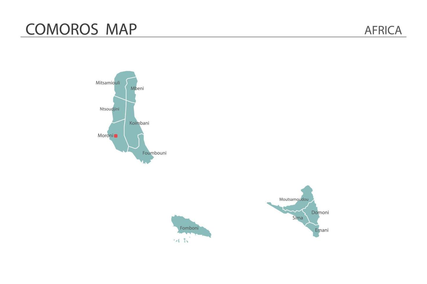 Comoras mapa ilustración vectorial sobre fondo blanco. el mapa tiene toda la provincia y marca la ciudad capital de las comoras. vector