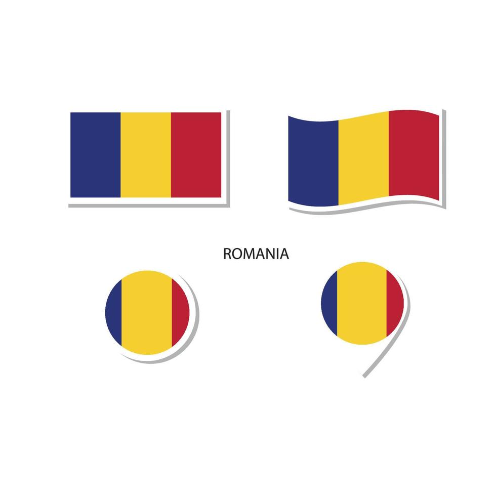 juego de iconos con el logotipo de la bandera de rumania, iconos planos rectangulares, forma circular, marcador con banderas. vector