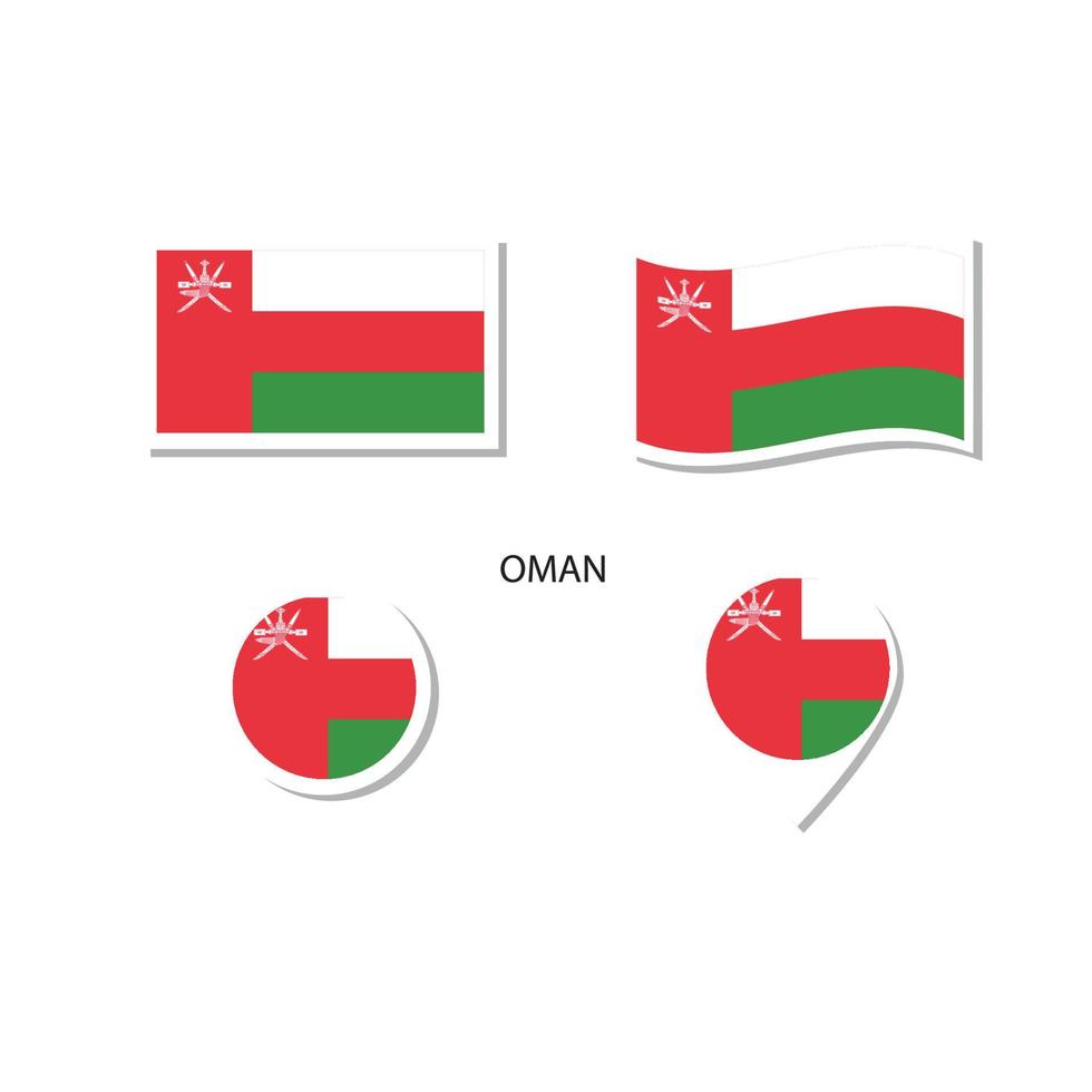 Oman flag logo icon set, rectangle flat icons, circular shape, marker with flags. vector