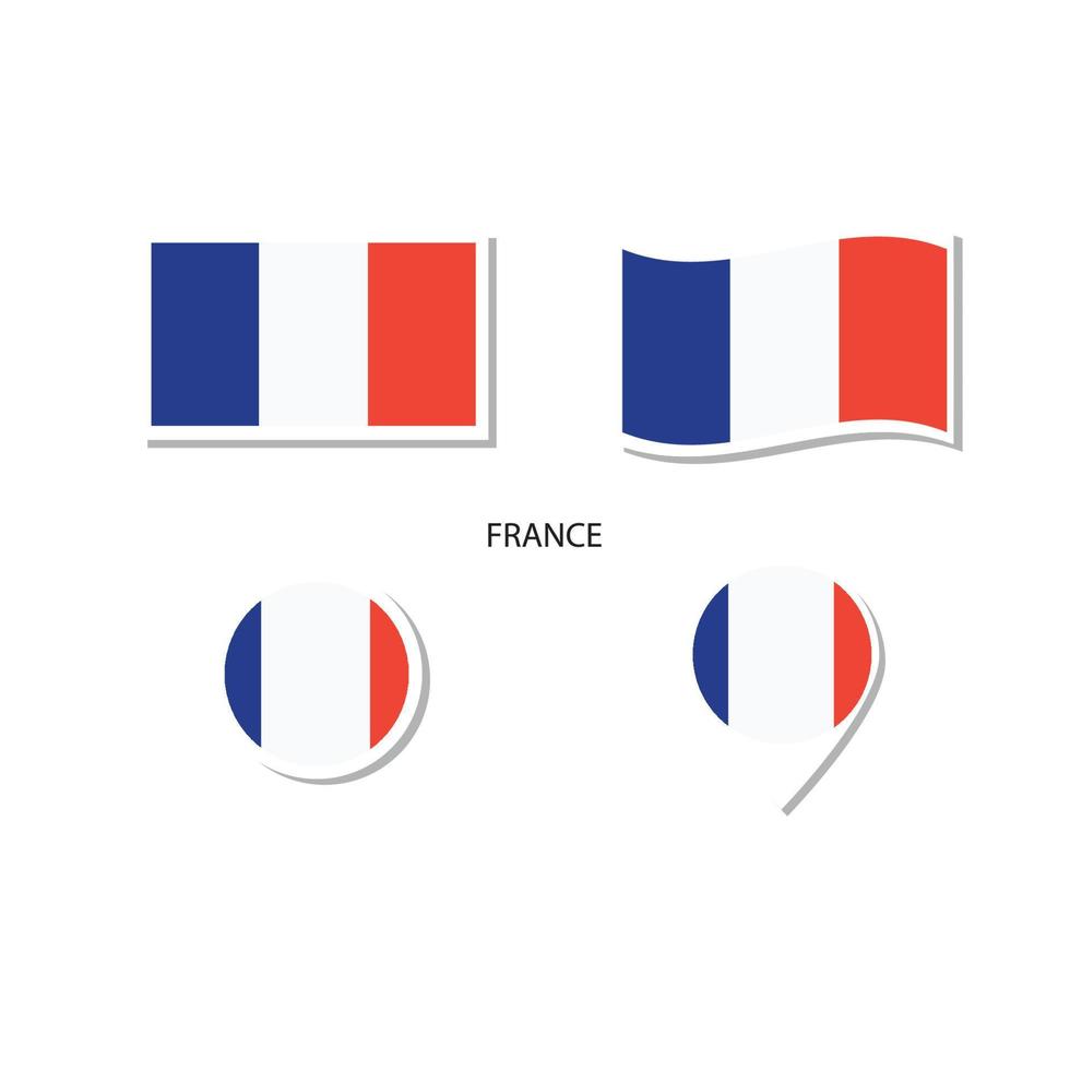 conjunto de iconos del logotipo de la bandera de Francia, iconos planos rectangulares, forma circular, marcador con banderas. vector