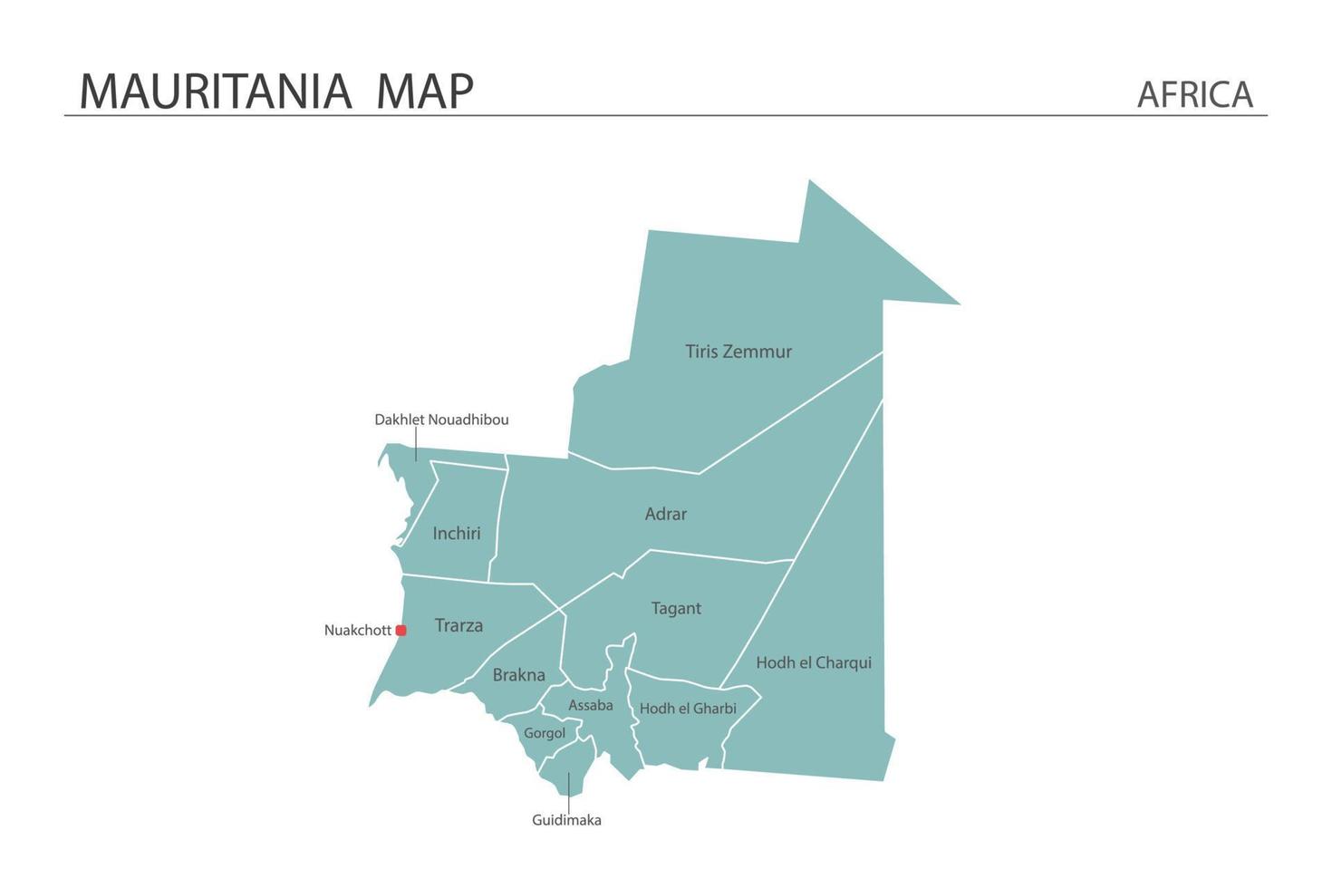 Mauritania mapa ilustración vectorial sobre fondo blanco. el mapa tiene toda la provincia y marca la ciudad capital de mauritania. vector